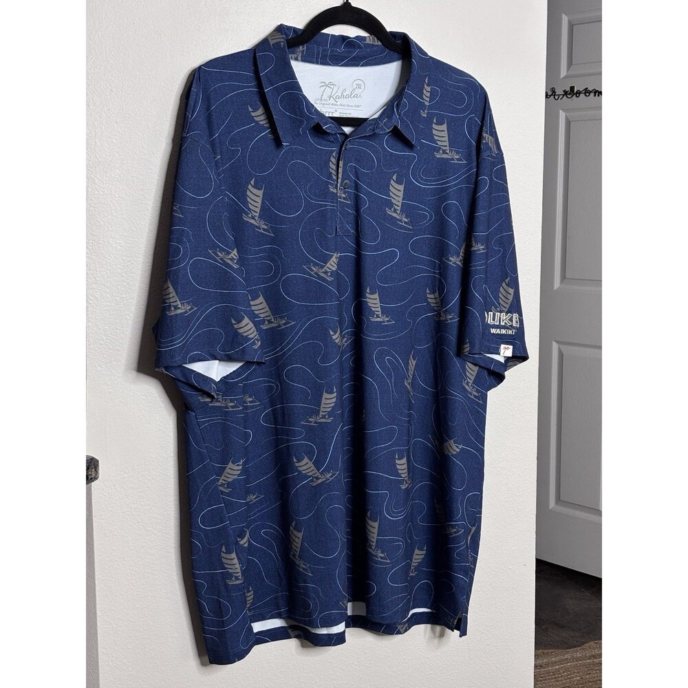 Kahala Blue Sailing Waves Aloha Performance Brrr Polo Shirt Mens 2XL *logo